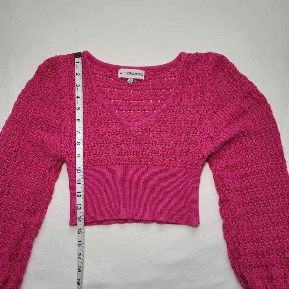 Willow & Wind Knit Cropped V-Neck Sweater Fuchsia Crochet Small Boho